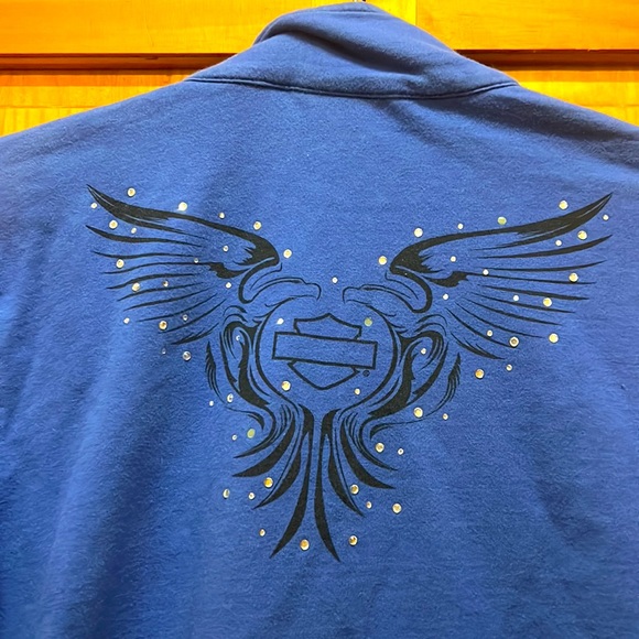 Harley Davidson. Blue Jacket. Size Large. Front Zipper, Pickets, Rhinestone Logo - Picture 4 of 7